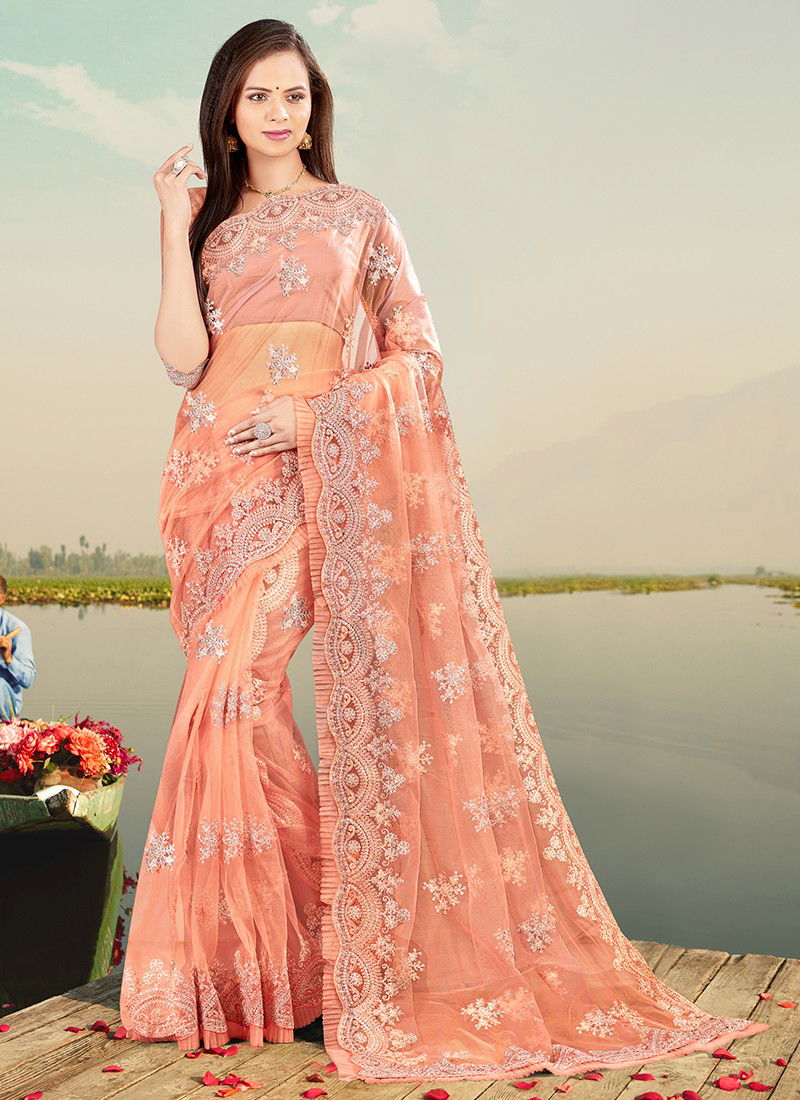 Nari Fashon Latest Fancy Festive Wear Heavy Resham Coding With Silver Jari Emberoidery Work With Frill Border Designer Net Saree Collection 